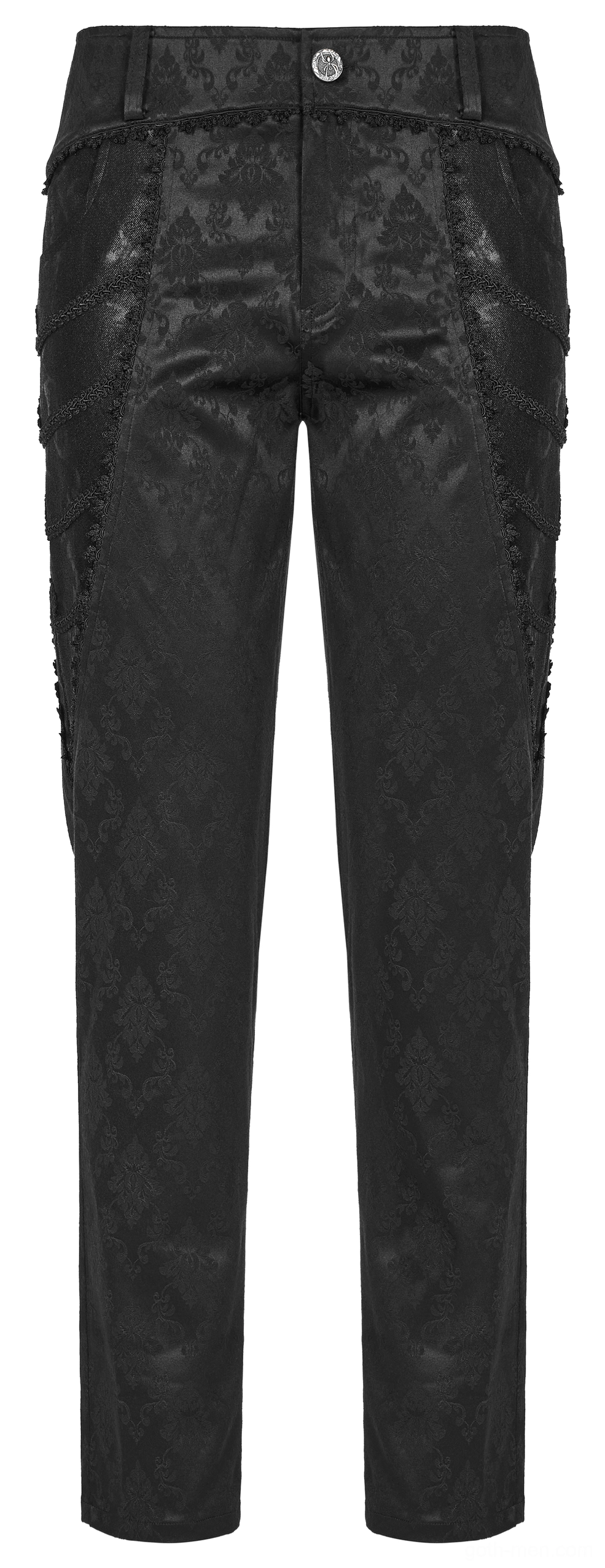 Black jacquard lace-trim gothic slim pants rear flat lay with fitted pockets