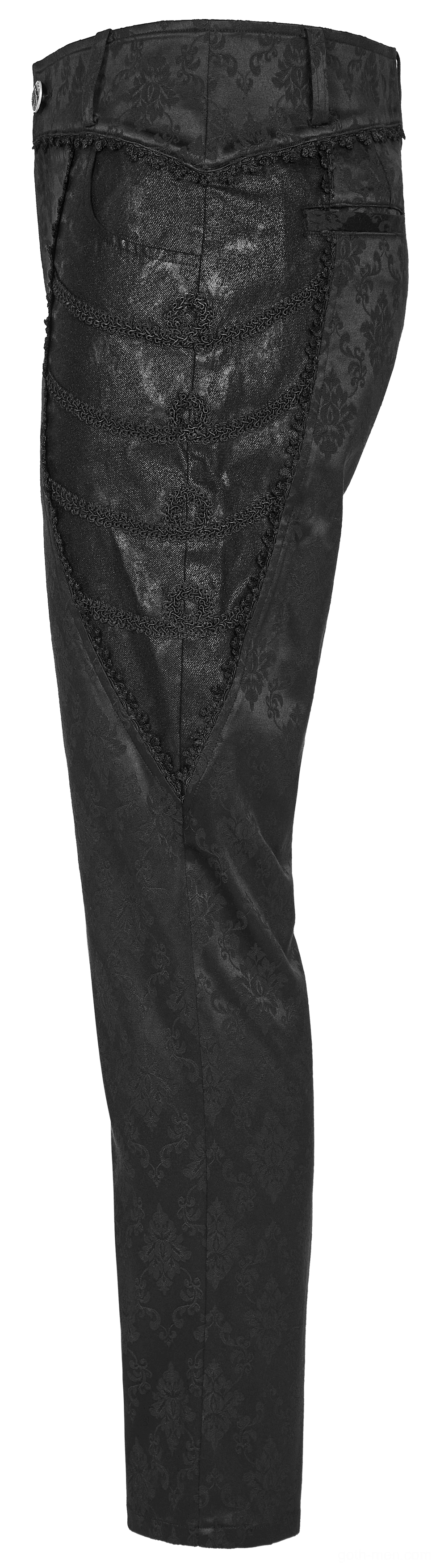 Black jacquard lace-trim gothic slim pants side view showing all-over damask pattern
