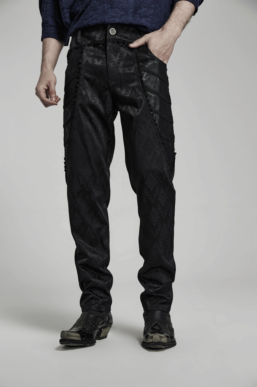 Black jacquard lace-trim gothic slim pants full outfit styling alternative fashion