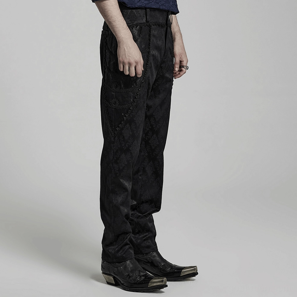 Black jacquard lace-trim gothic slim pants tapered leg silhouette detail
