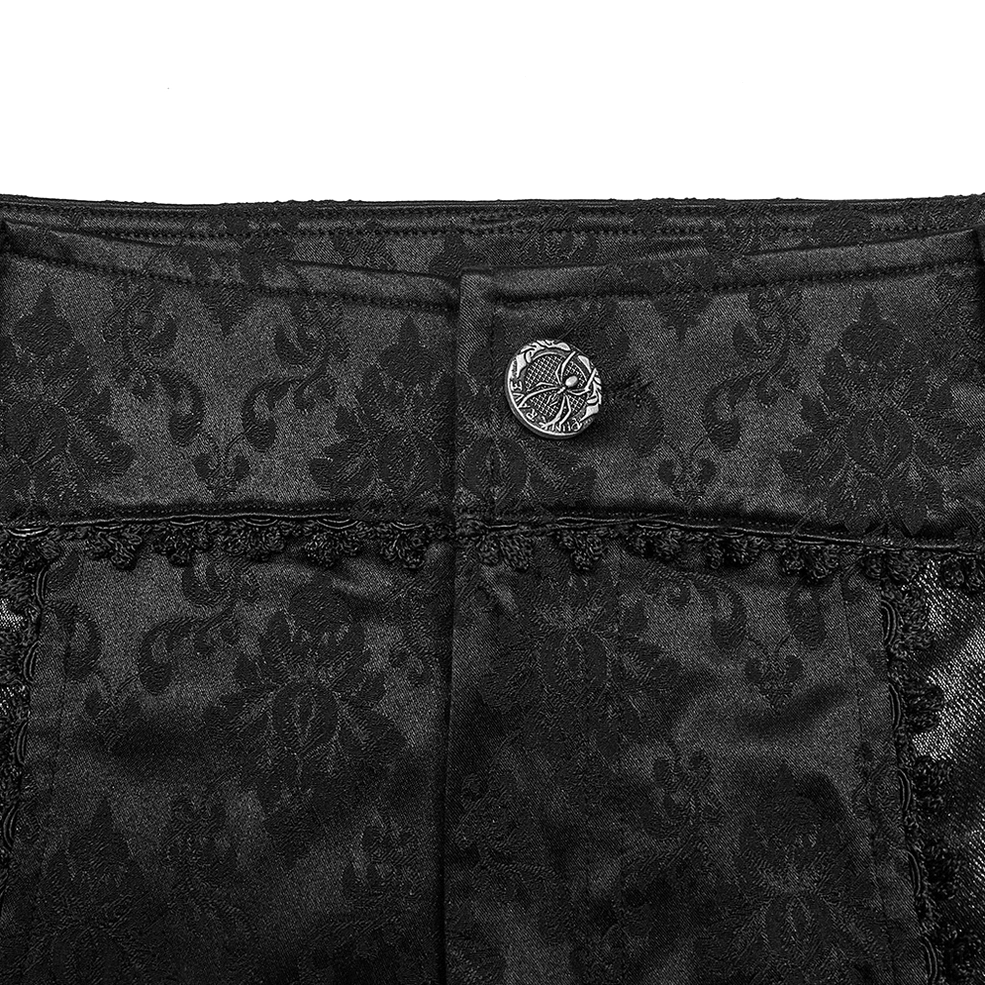 Black jacquard lace-trim gothic slim pants waist close-up with decorative button