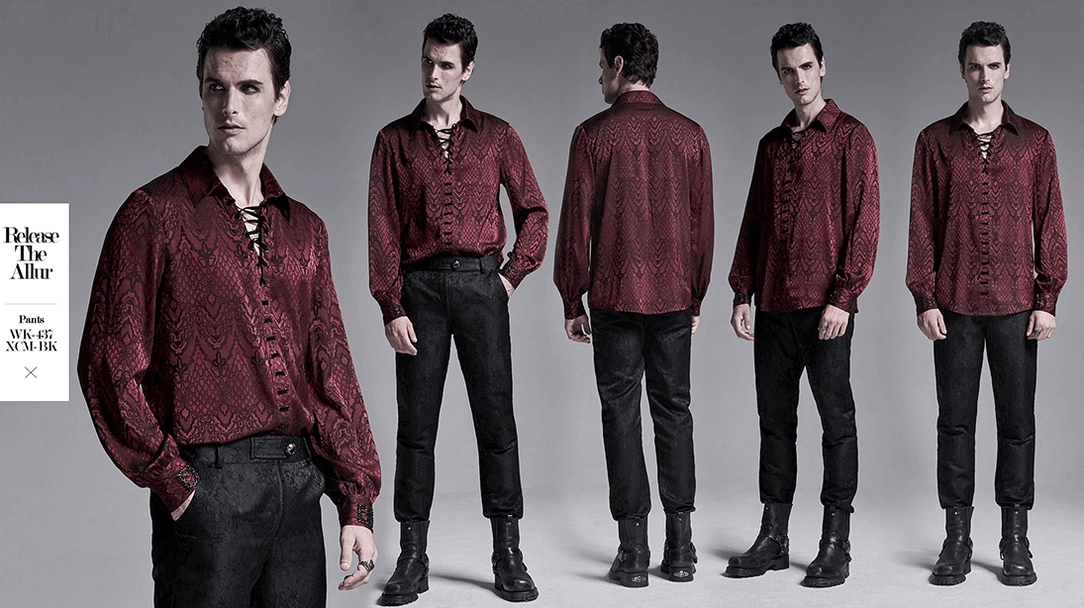 Men's burgundy gothic jacquard shirt back detail on dress form highlighting tonal floral pattern and construction quality