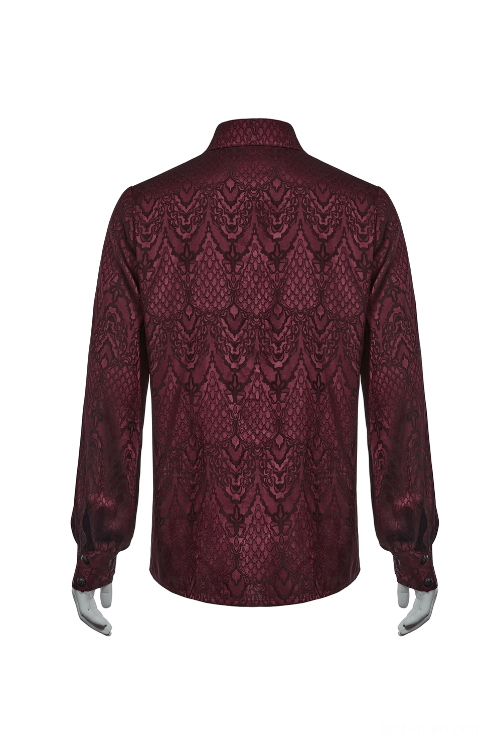 Burgundy gothic jacquard shirt rear view on mannequin displaying back pattern texture and metal buckle cuffs