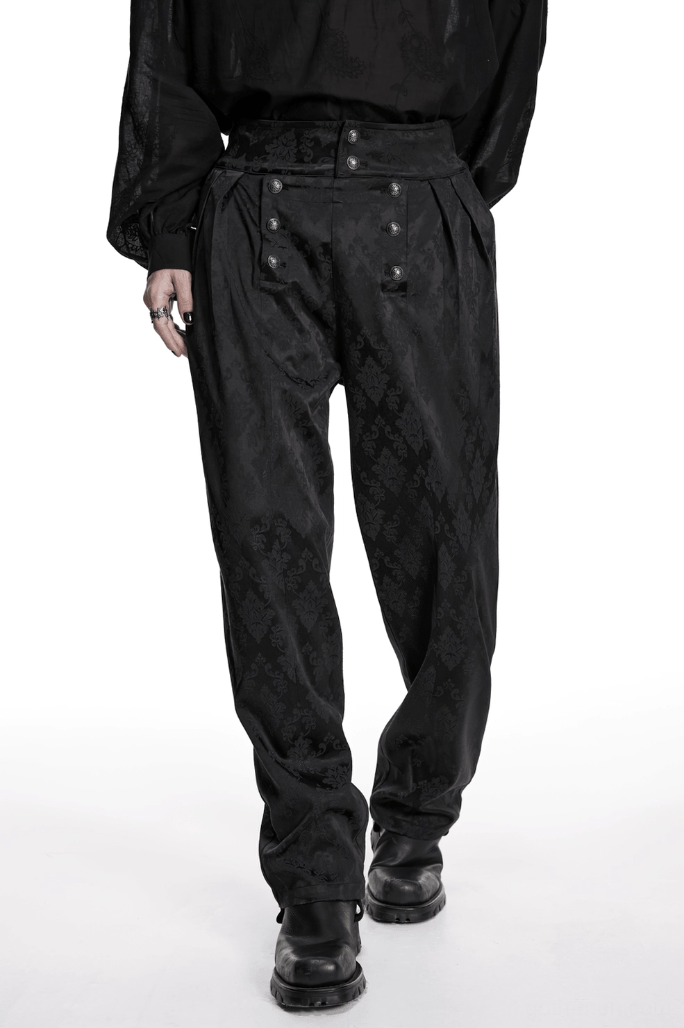 Black gothic jacquard tapered trousers alternative fashion styling with ornate pattern and tailored fit