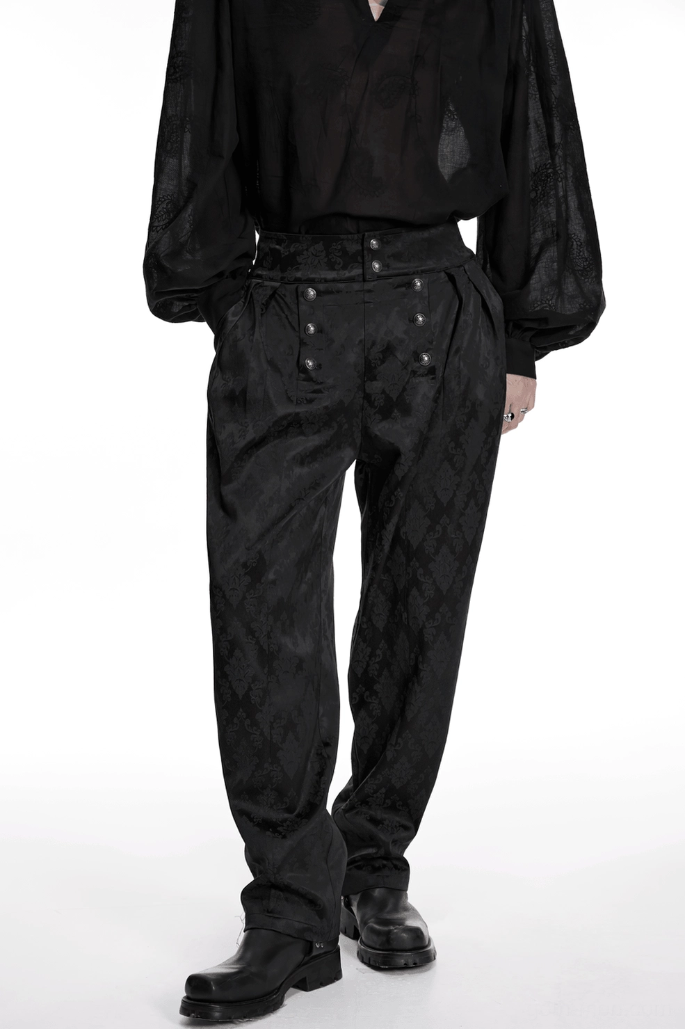 Black gothic jacquard tapered trousers full-length view demonstrating tapered leg and victorian silhouette