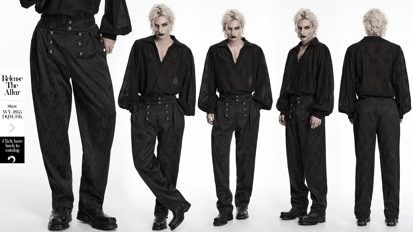 Black gothic jacquard tapered trousers showing versatility in gothic menswear styling and occasions