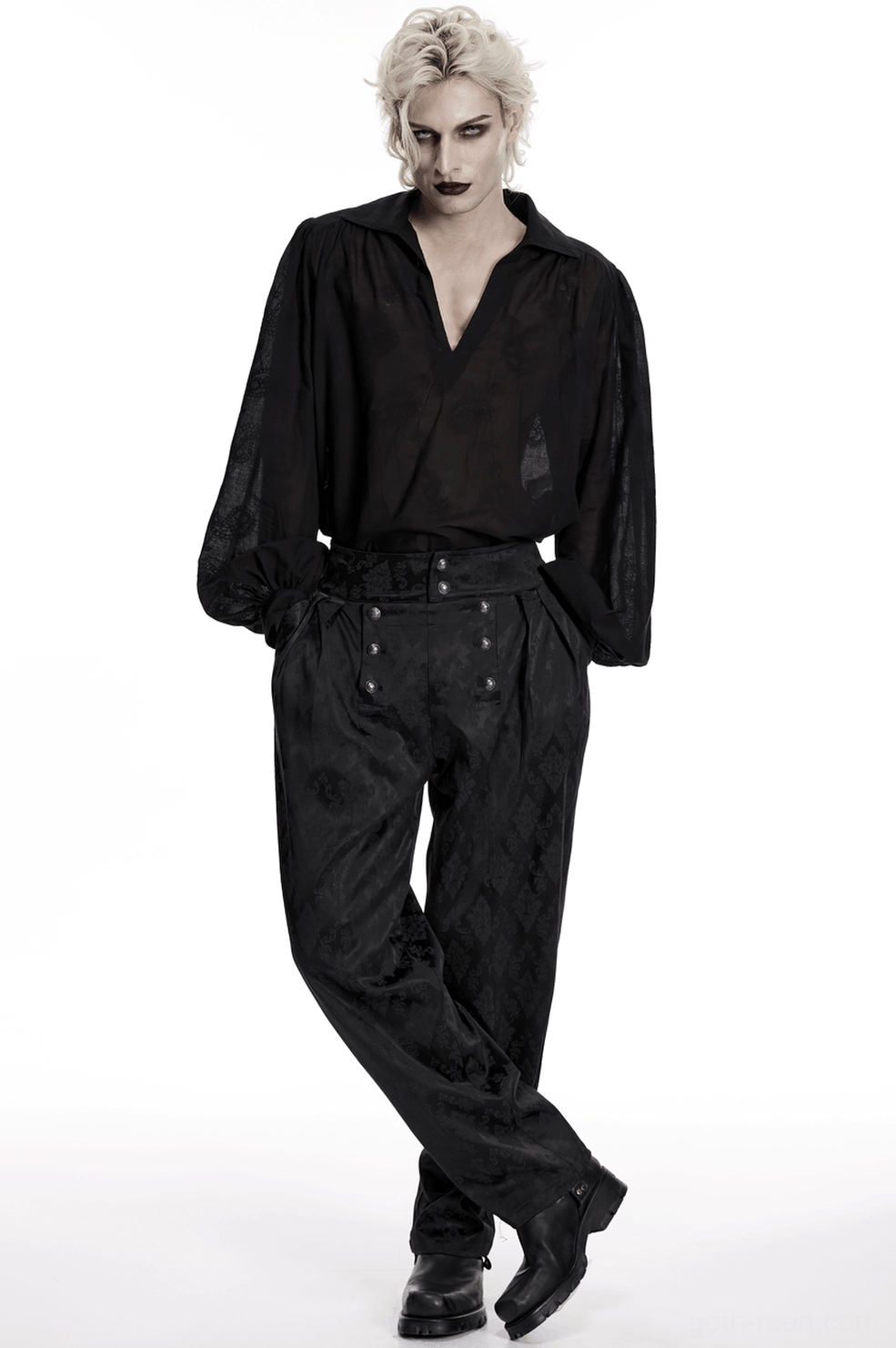 Black gothic jacquard tapered trousers alternative men's fashion front view with button closure detail