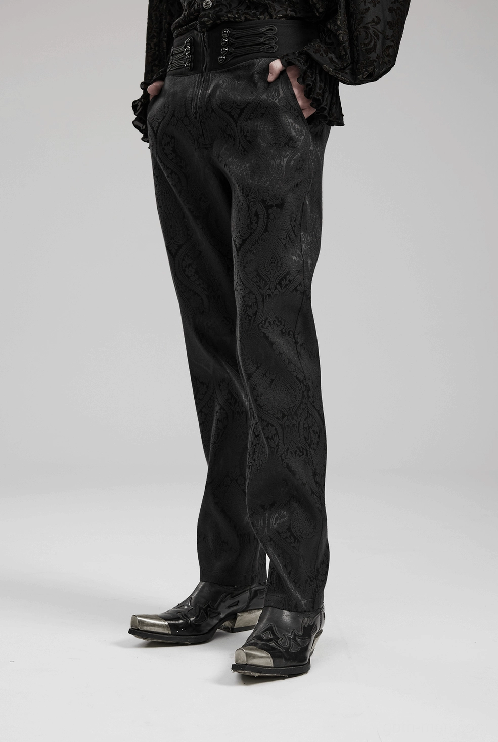 Gothic trousers construction and fit demonstration on model showing silhouette