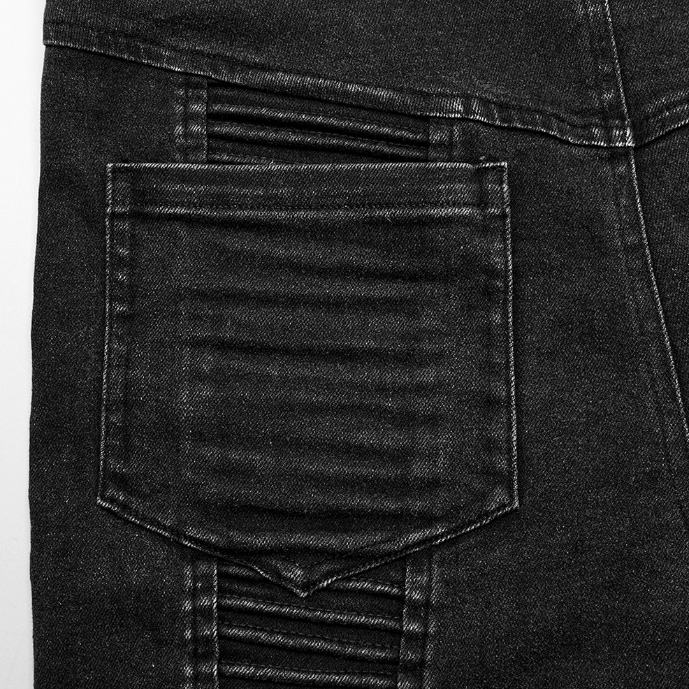 Black punk gothic jeans ankle cargo pocket detail - metal buckle embellishment and fabric construction