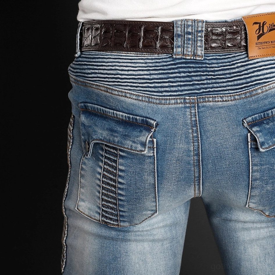 Light blue gothic biker jeans hip and thigh detail protective padding design