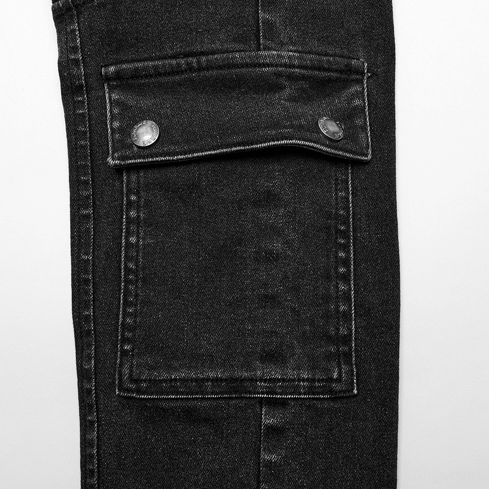 Black gothic jeans pocket detail close-up - dual metal snap flap pocket on washed denim