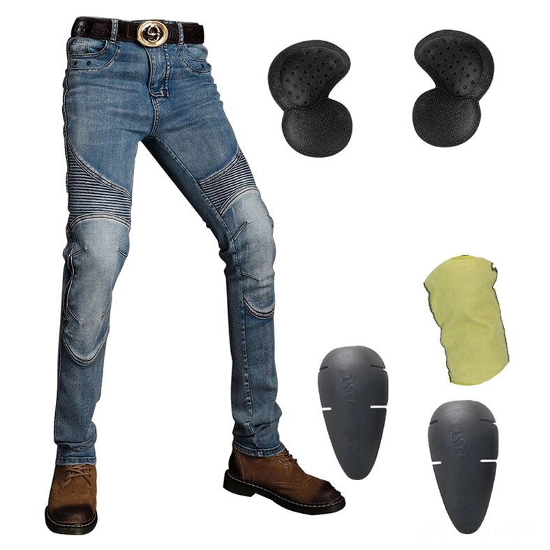Gothic biker jeans protective gear flat lay light blue denim with knee pads