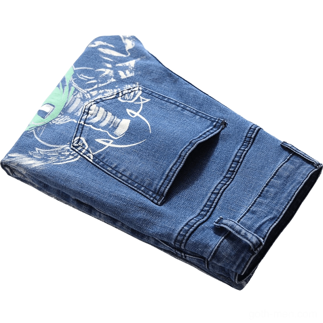 3D skull wing printed gothic blue denim jeans side and rear pocket detail folded