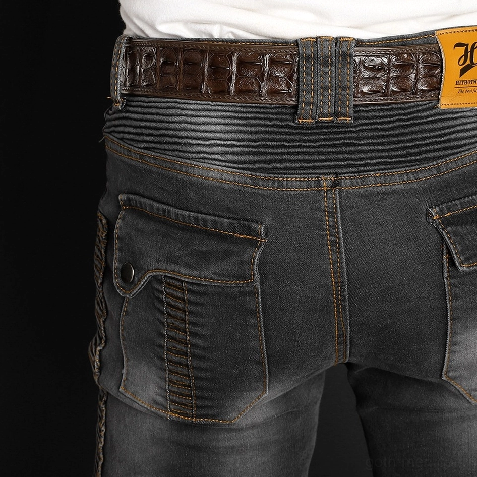 Light blue gothic biker jeans waistband detail protective hardware design