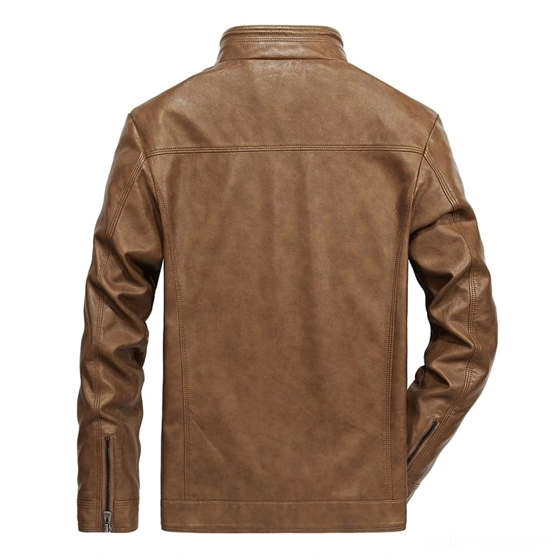 Back view of tan brown gothic moto jacket showing solid back panel and sleeve zipper detail