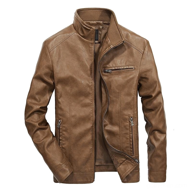 Men's tan brown khaki gothic motorcycle jacket with stand collar design and chest zipper pocket