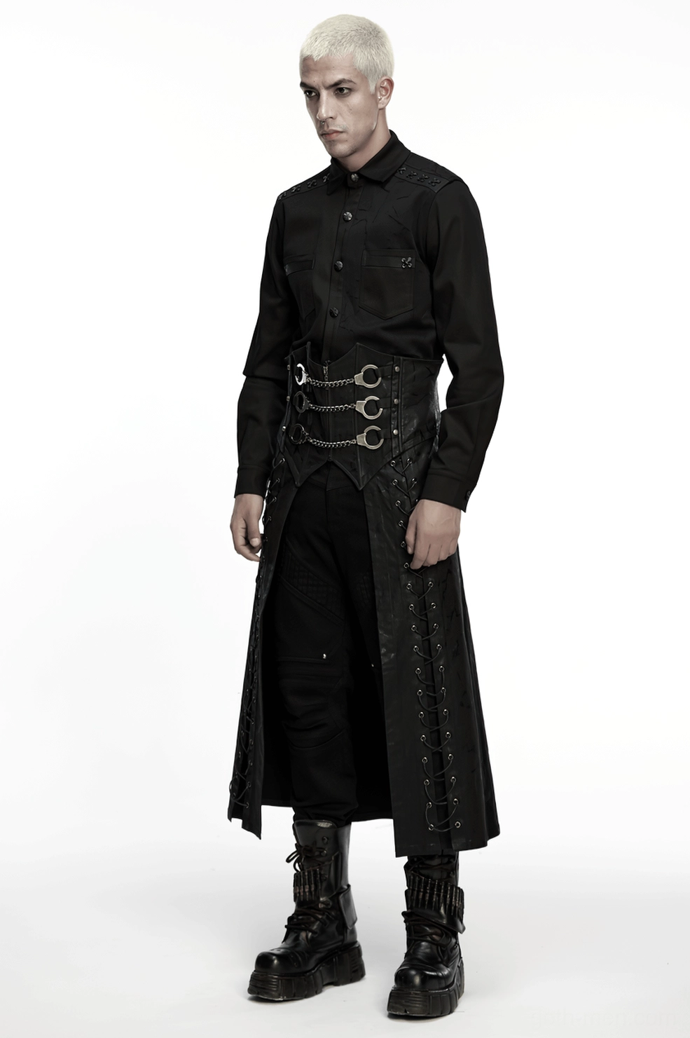 Alternative angle of black gothic long kilt highlighting chain hardware and lacing system