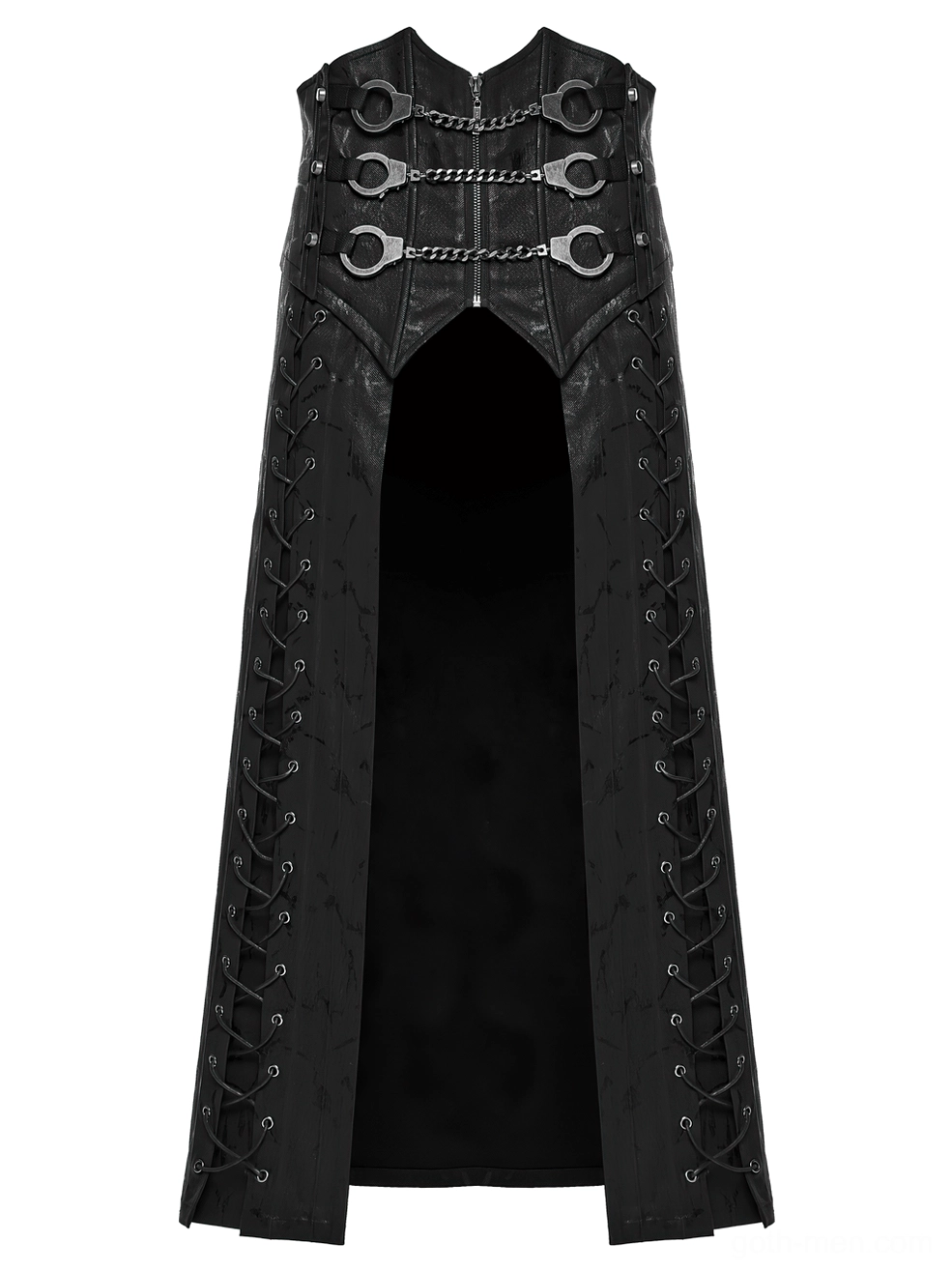 Black gothic long kilt back panel flat lay showing solid fabric and side lace-up construction