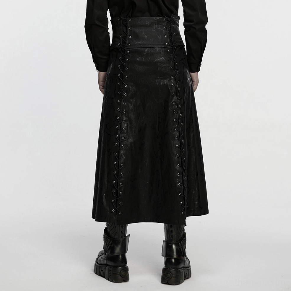 Back view of gothic chain buckle kilt on model showing lacing detail and garment construction