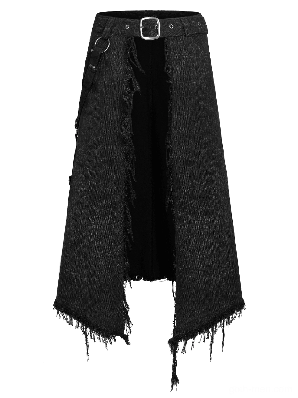 Black gothic kilt rear flat lay displaying cracked fabric texture, side harness straps with D-rings, and distressed hem detail