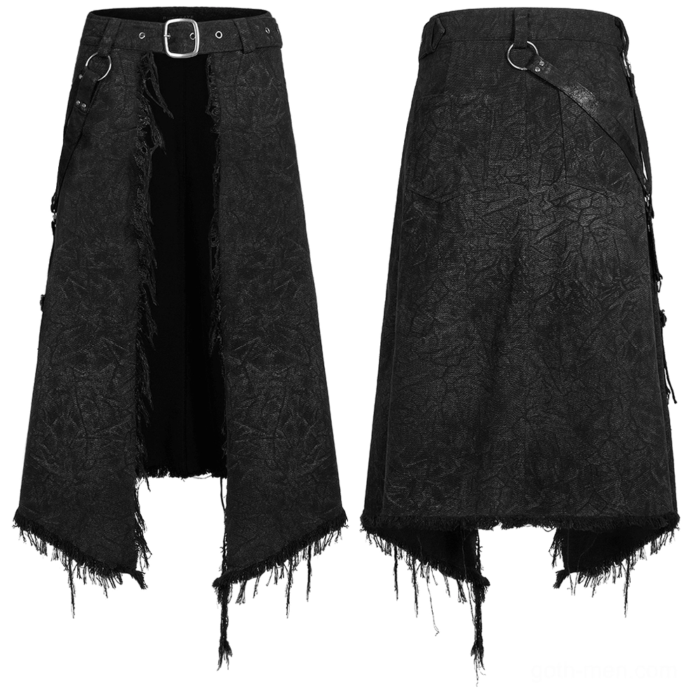 Black textured gothic kilt flat lay showing front split design, metal buckle waistband, and frayed asymmetrical hem