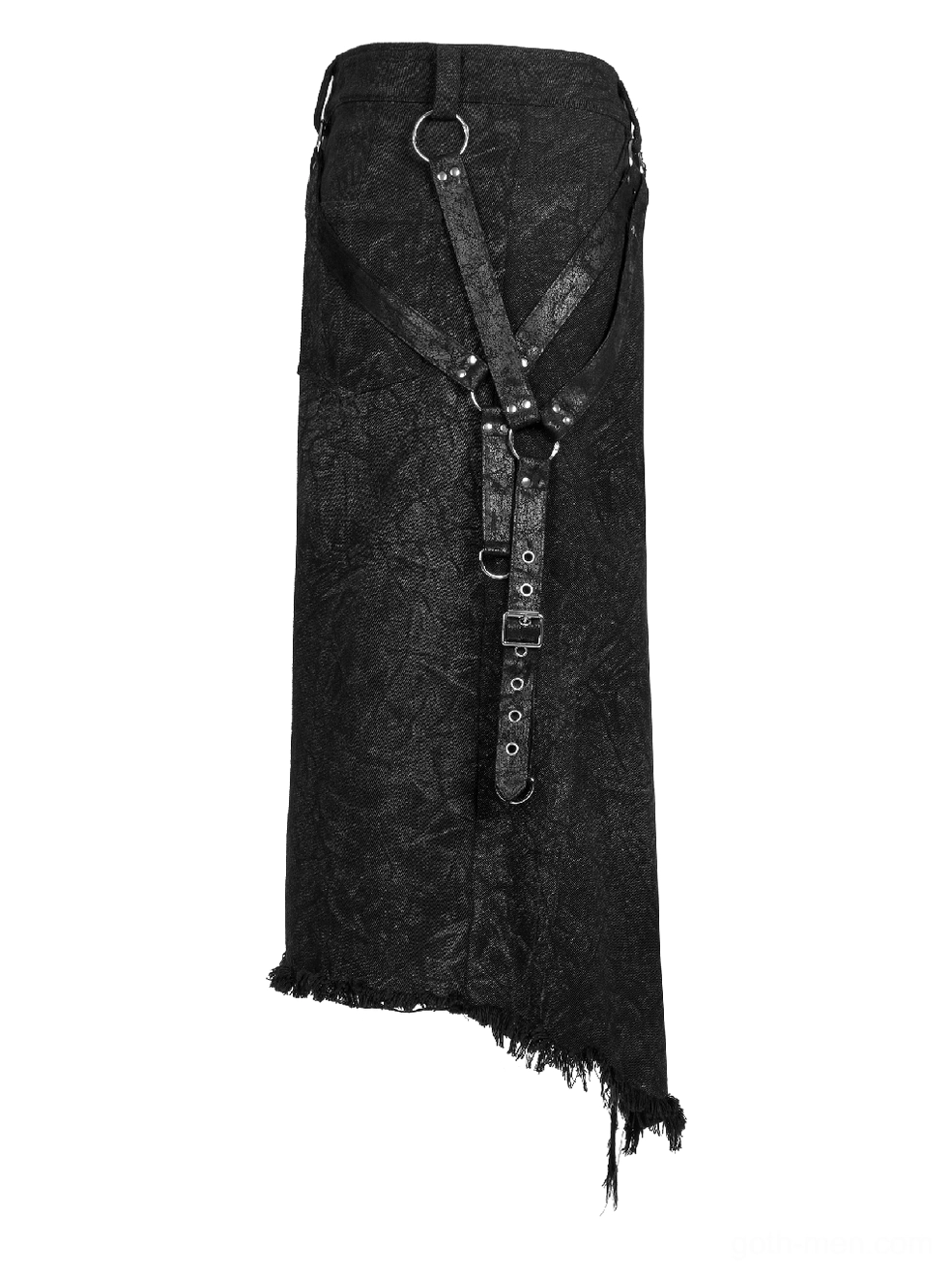 Black gothic kilt front flat lay view showing split front design, metal waist buckle, textured fabric, and frayed uneven hem
