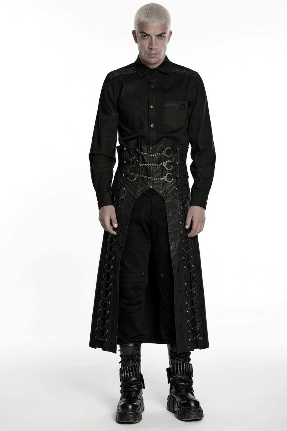 Full display of black gothic chain buckle kilt showing overall silhouette and design elements
