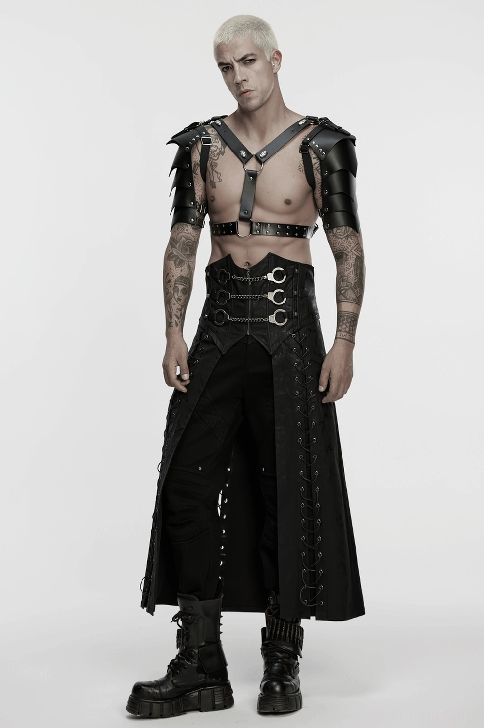 Close-up of gothic kilt drawstring and waist closure mechanism with metal hardware