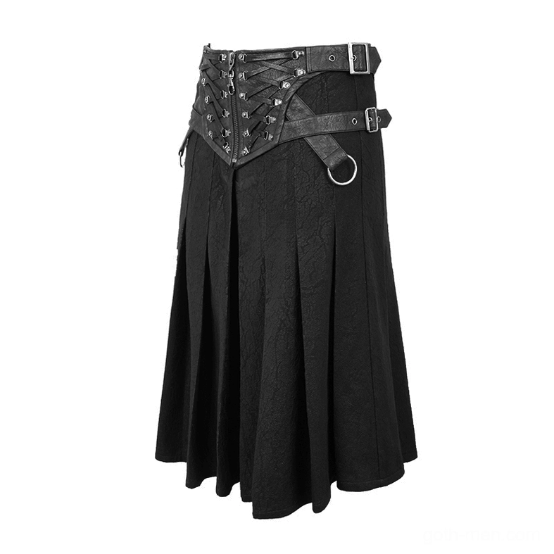 Flat lay of gothic kilt skirt with single adjustable D-ring strap and buckle closure on white background