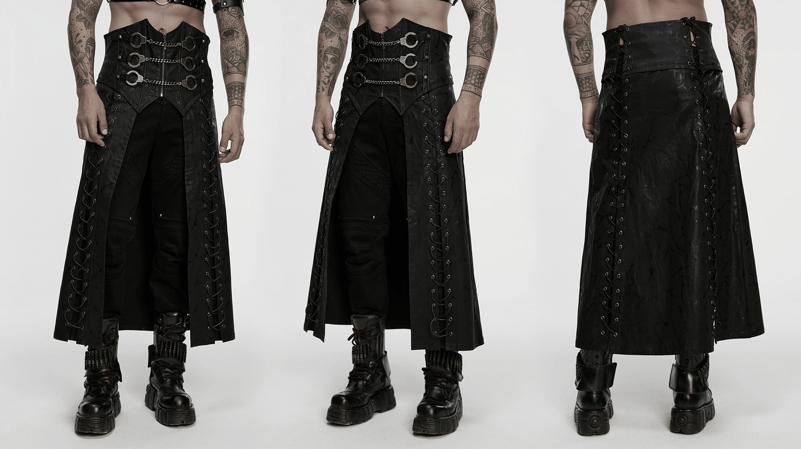 Black gothic kilt front display showing metal chain details and crisscross side lacing construction