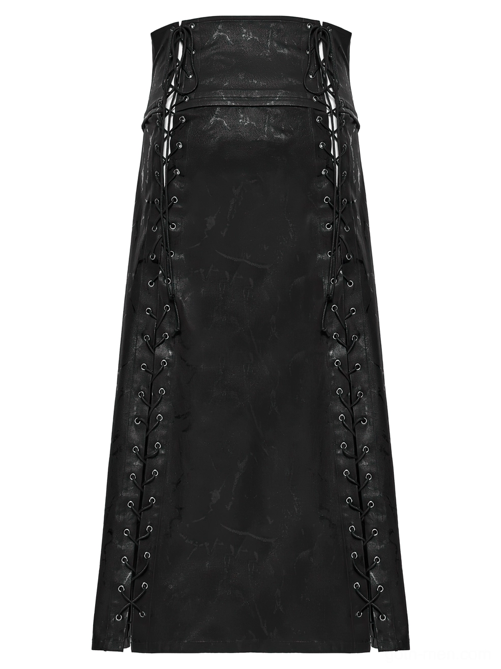 Black gothic long kilt front panel flat lay without front split showing crisscross side lacing