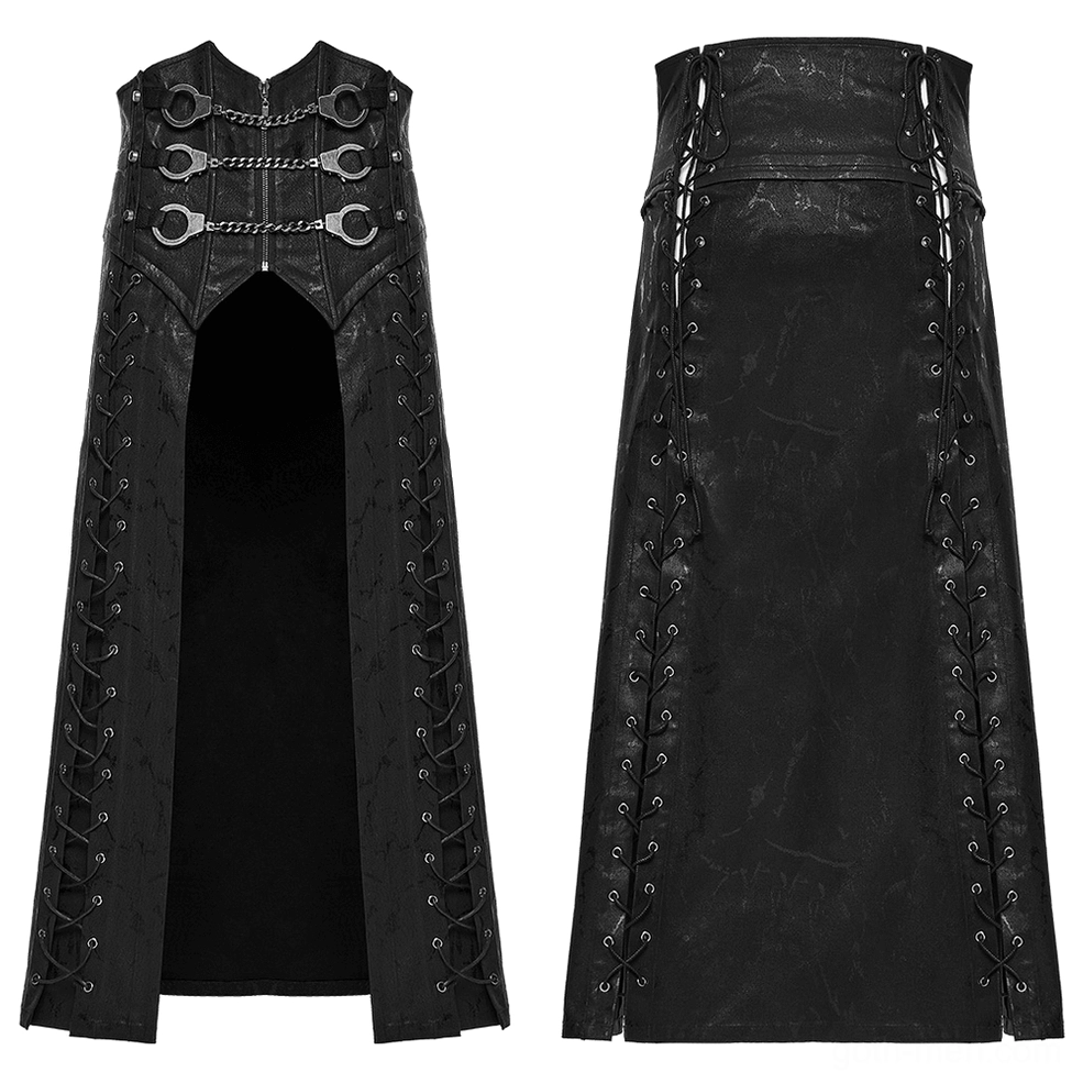 Black gothic kilt flat lay front panel with crisscross side lacing and metal chain buckle fasteners