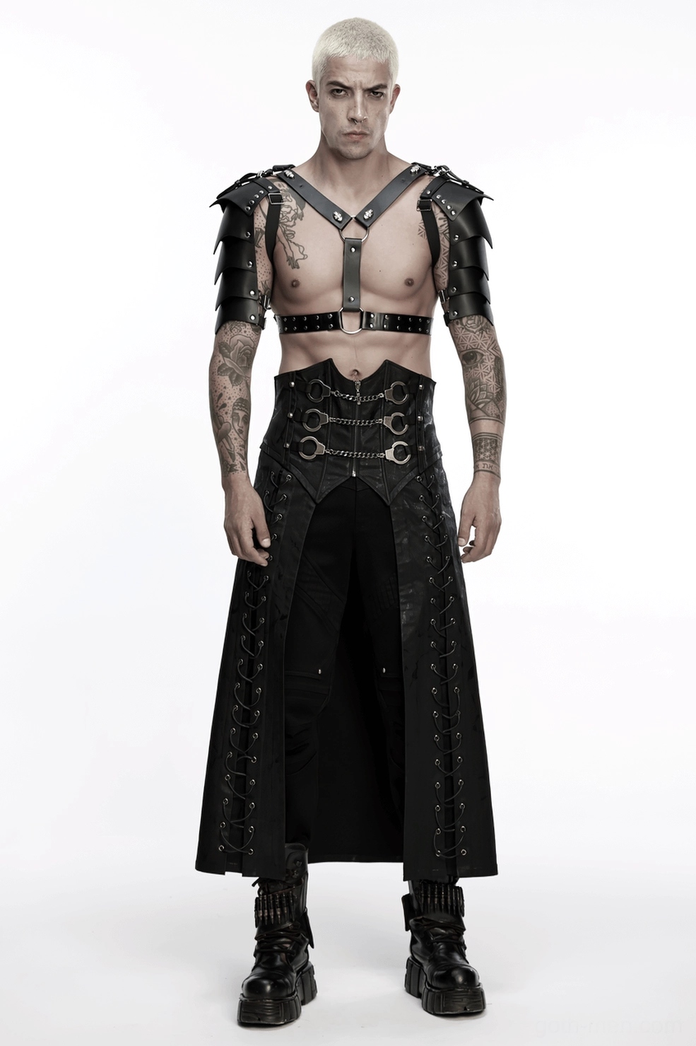 Full-length back view of black gothic long kilt displaying side lacing on male wearer