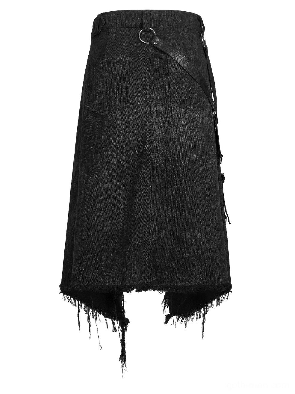 Black gothic kilt cross-body harness straps detail showing studded adjustable straps and cracked distressed fabric texture