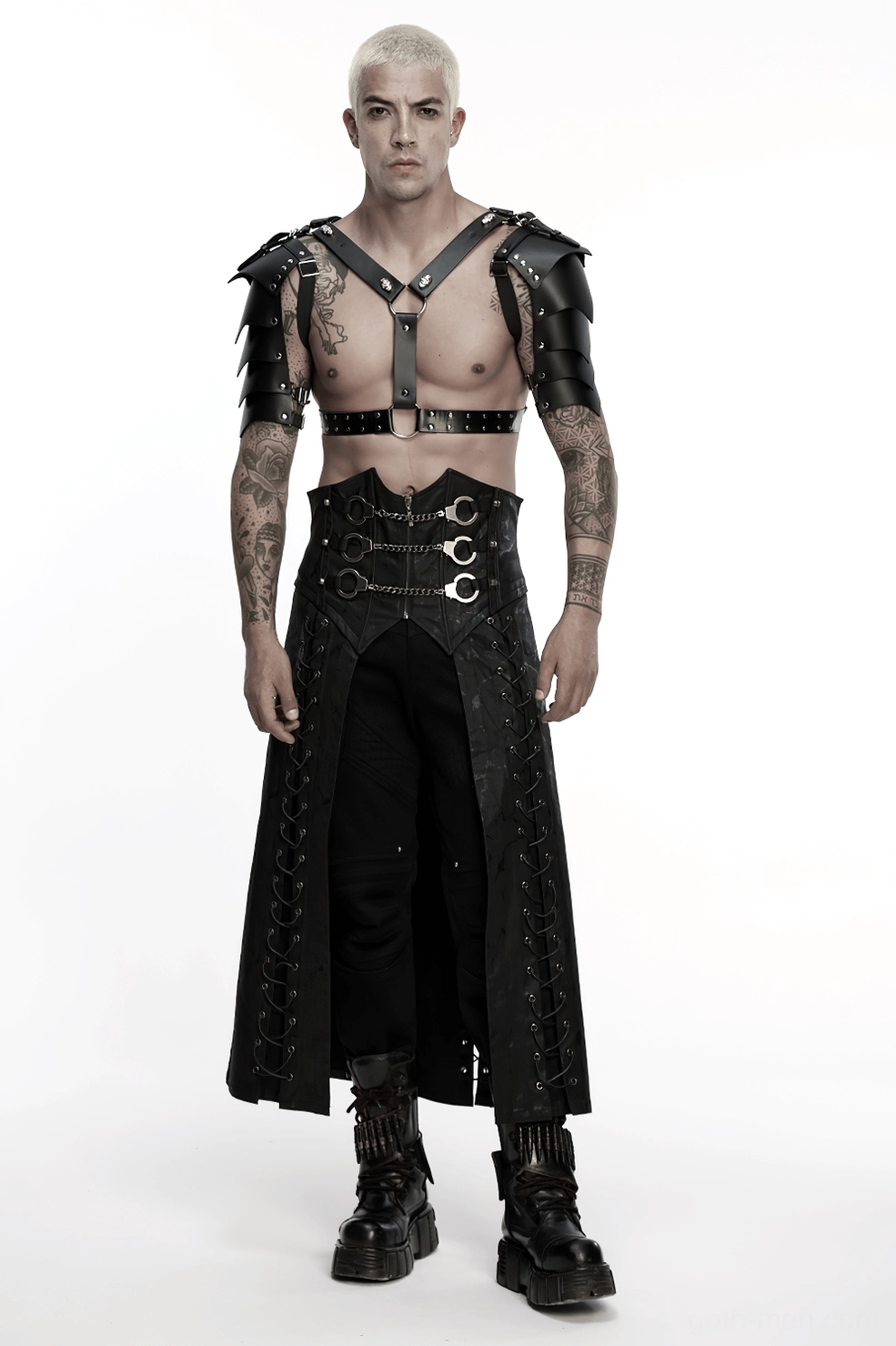 Detail view of gothic kilt hem construction and printed twill fabric quality