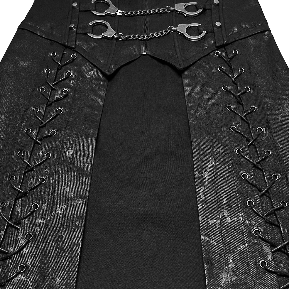 Close-up side view of gothic kilt crisscross lacing with metal eyelets and tie details
