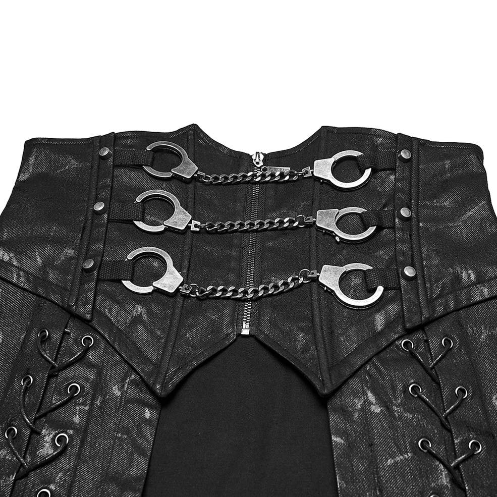 Metal chain buckle and hardware close-up detail of gothic kilt front closure system