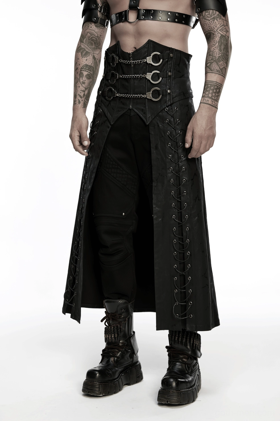 Detail shot of removable metal handcuff chain elements on gothic kilt
