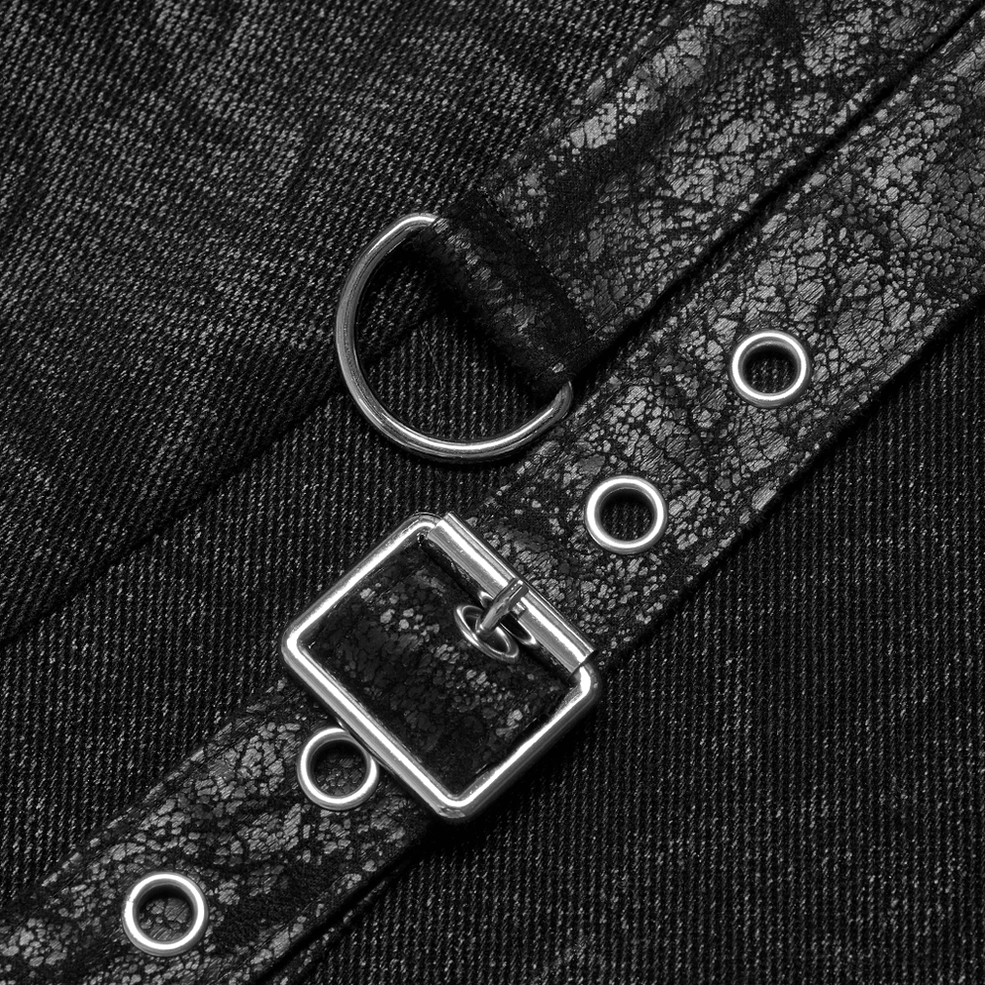 Side view close-up of gothic kilt metal buckle hardware, adjustable eyelet holes, and distressed coated fabric texture