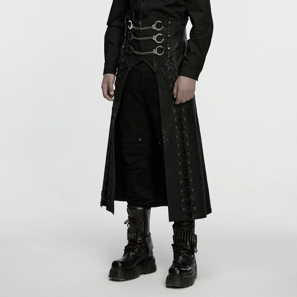 Side profile of black gothic kilt showing silhouette and lacing structure on model