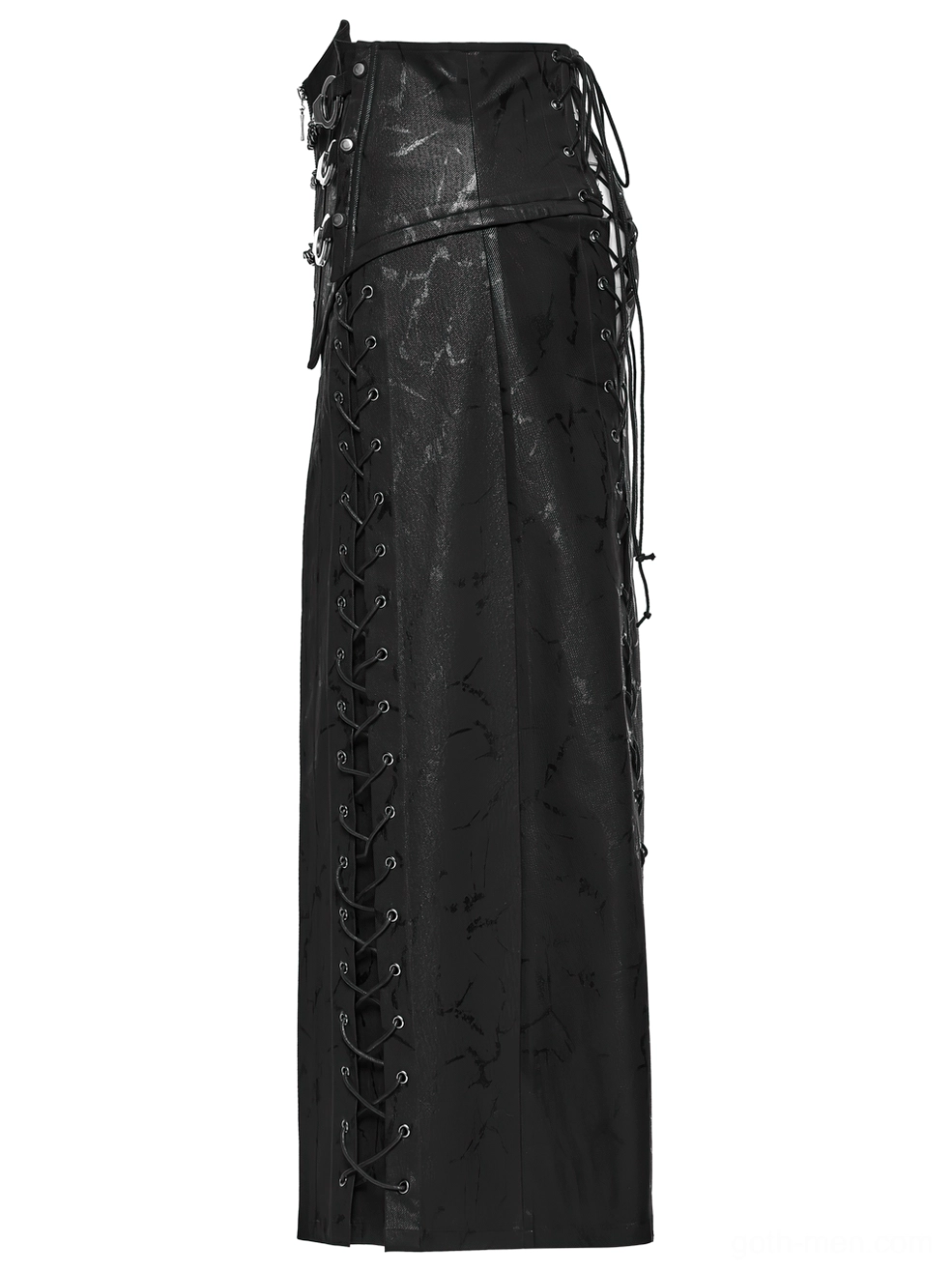 Black gothic kilt side view flat lay displaying high waist construction and side lacing system