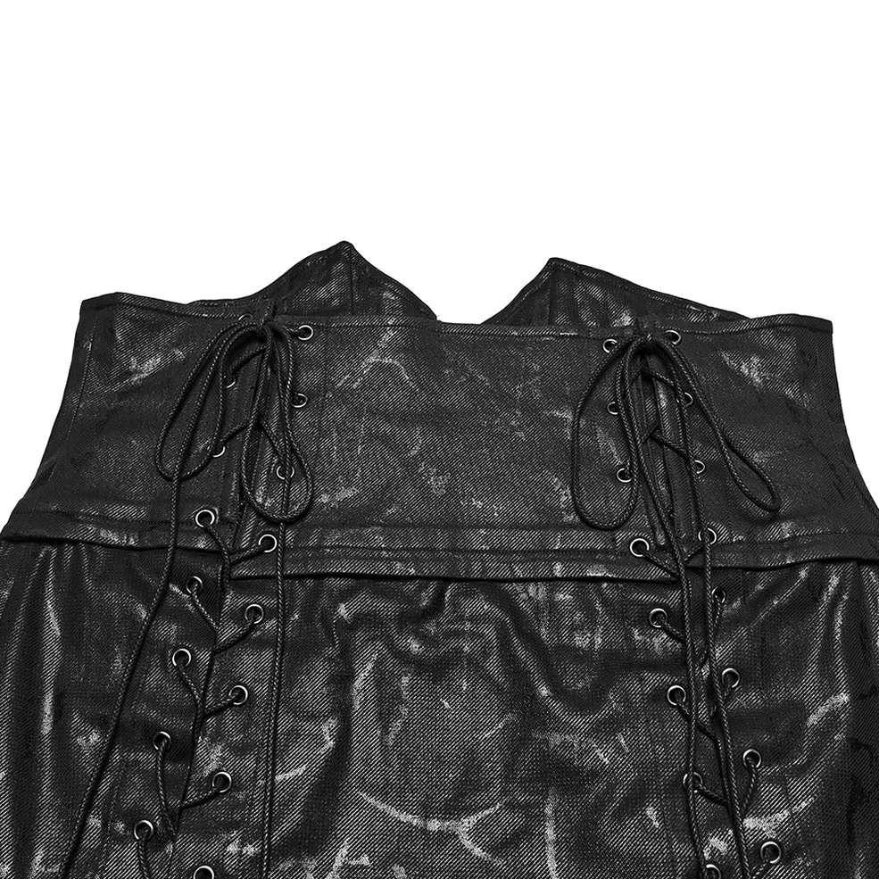 Close-up detail of gothic kilt waist showing lace-up ties and distressed fabric texture