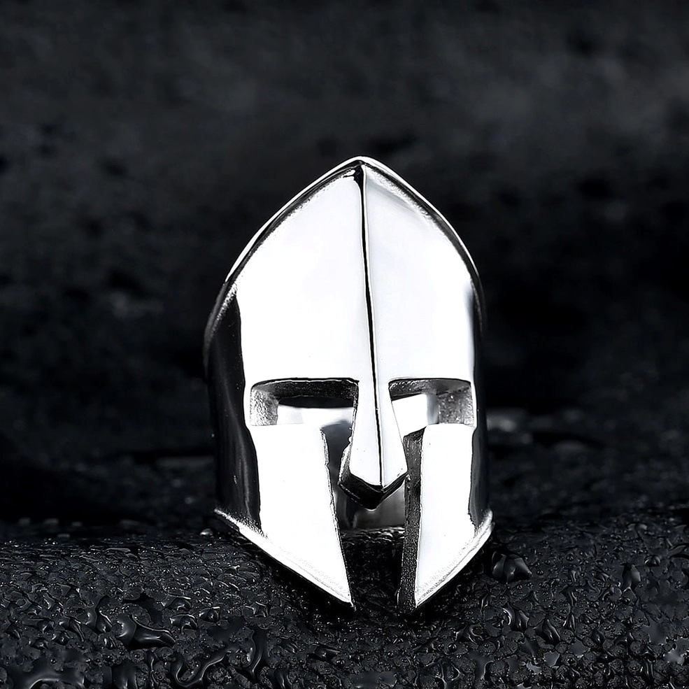 Gothic spartan helmet ring frontal design detailed texture dark background