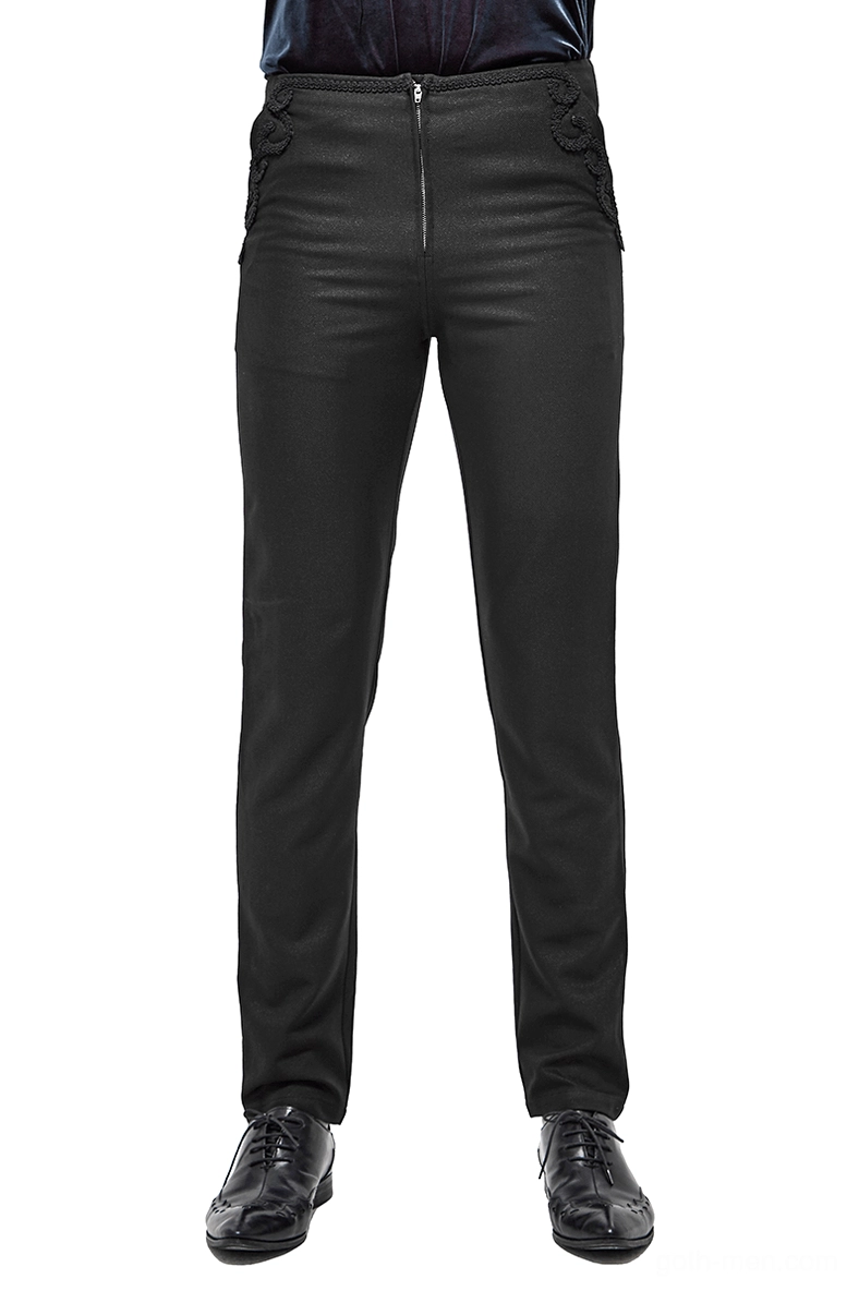 Black gothic lace cargo pants front view with zip closure and side lace pocket detail
