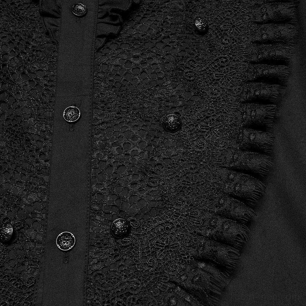 Embossed lace panel texture close-up - ruffled trim detailing with decorative buttons on black polyester lace