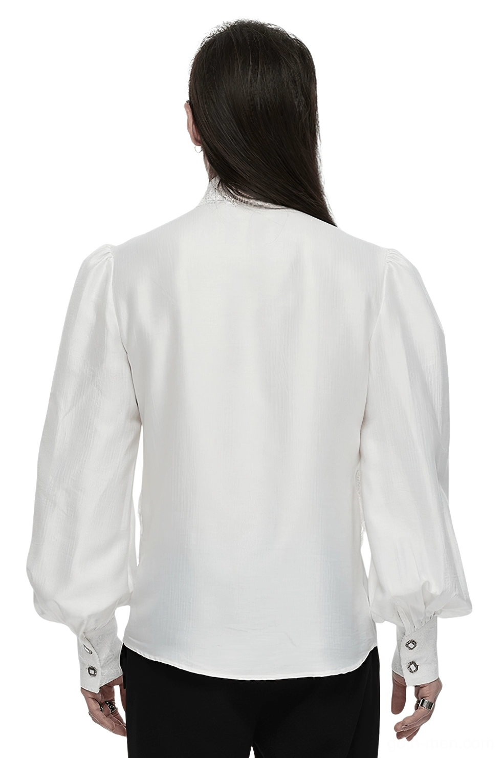 Rear view of men's gothic shirt showing full bubble sleeves and decorative button cuffs
