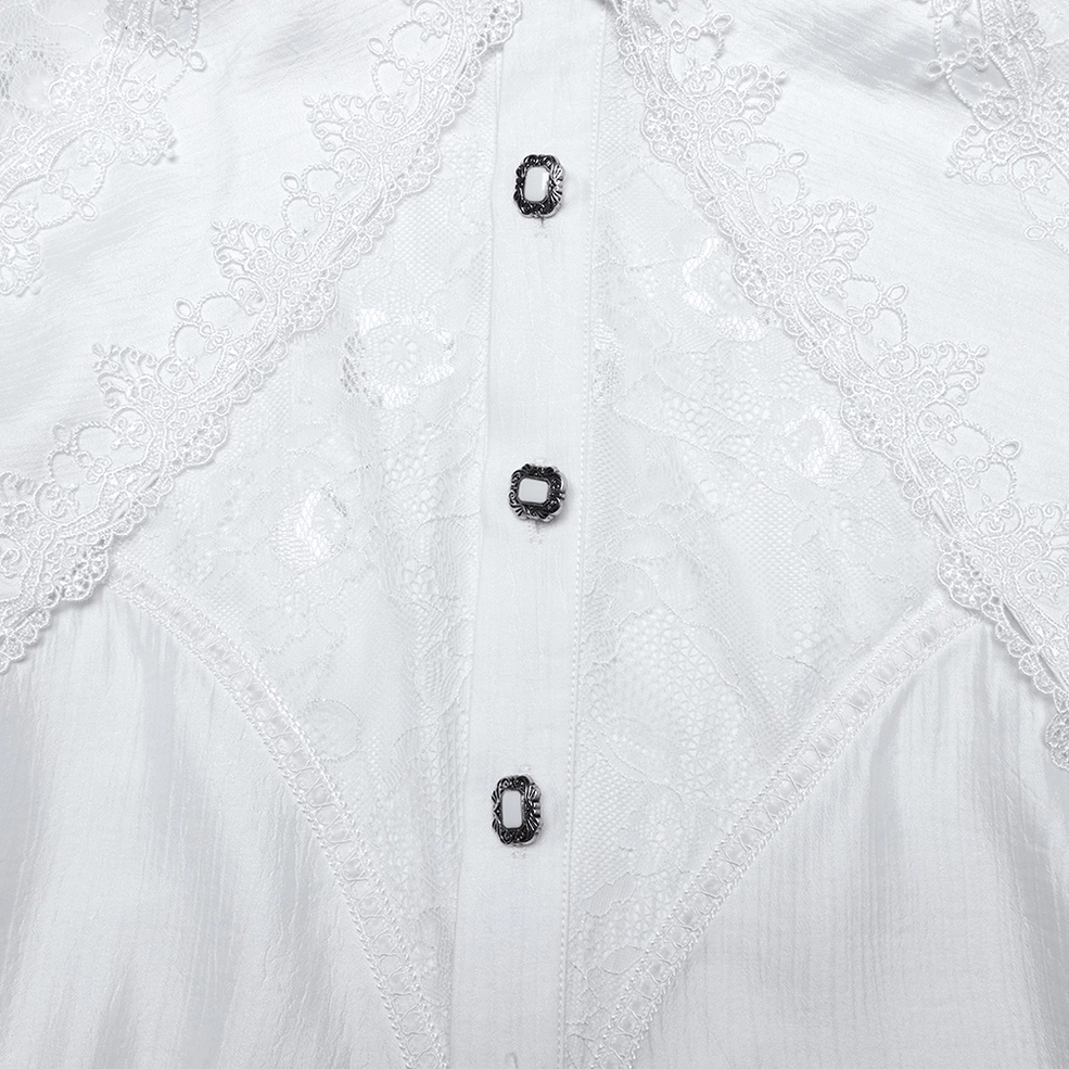 Close-up of gothic men's lace shirt front placket featuring ornate buttons and lace appliqué panels