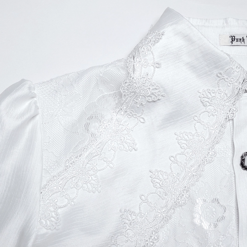 Close-up detail of gothic lace shirt collar showing lace embroidery trim and satin fabric texture