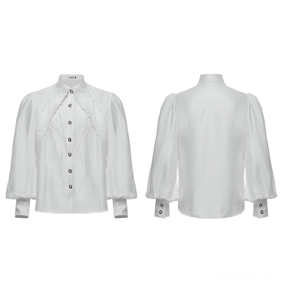 Front and rear side-by-side flat lay of men's gothic white lace shirt with button details
