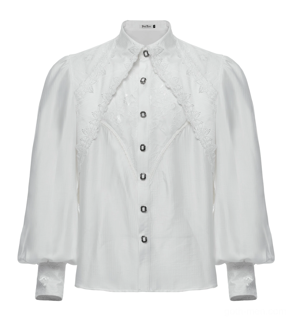 Front flat view of gothic men's lace shirt with stand collar and lace appliqué details